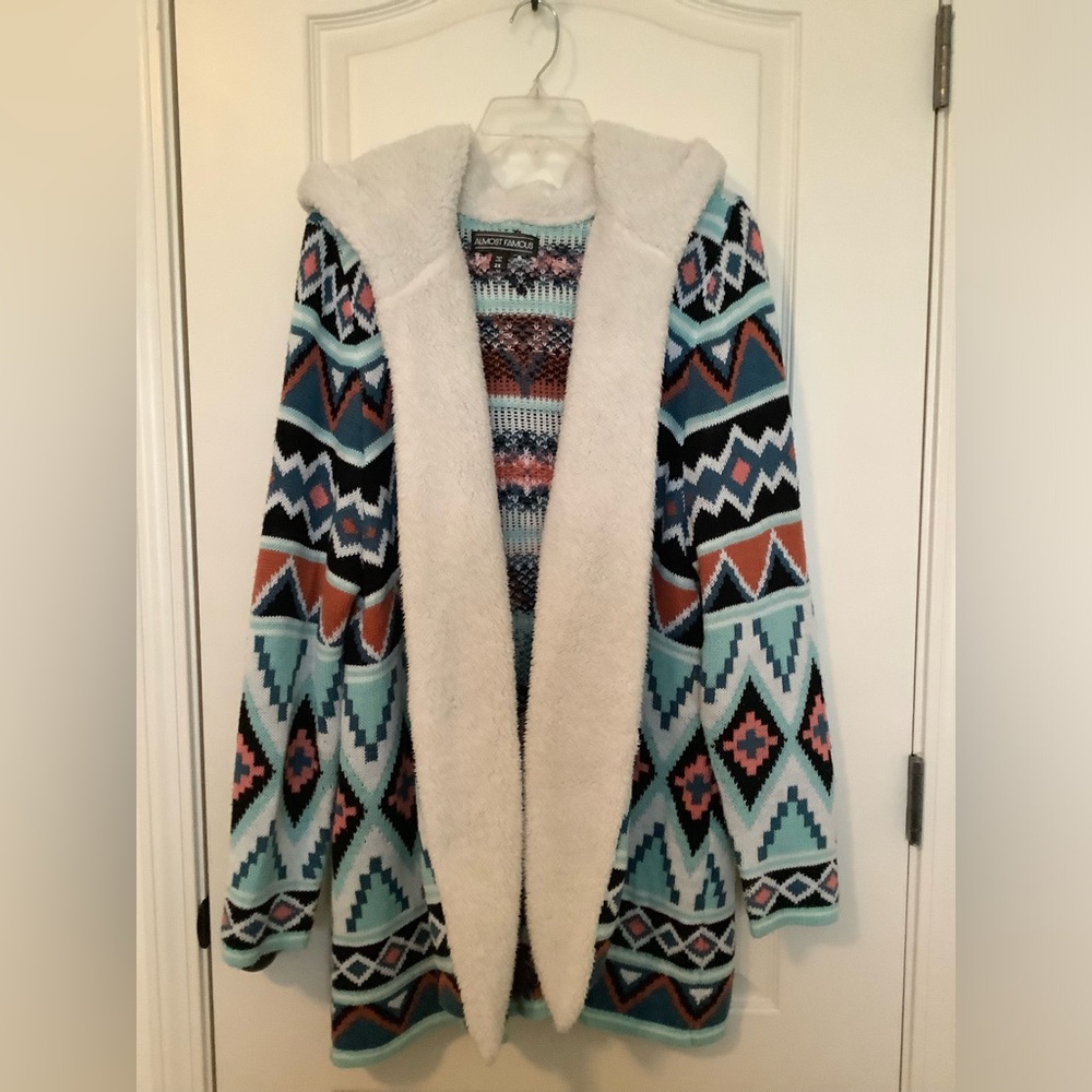 Aztec print open front sweater with hood